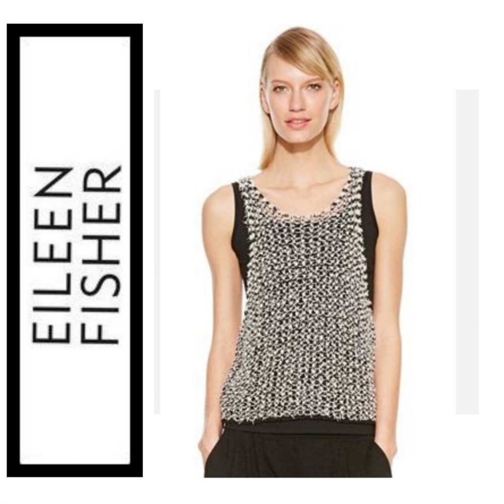 Eileen Fisher Tufted Woven B/W Cotton Top Tank $158 NWT